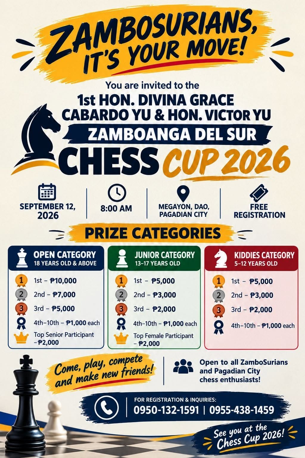 Official poster: 1st Hon. Divina Grace Cabardo Yu and Hon. Victor Yu Zamboanga del Sur Chess Cup 2026, September 12, 2026, 8:00 AM, Megayon, Dao, Pagadian City, free registration, with the prizes of the Open, Junior and Kiddies categories